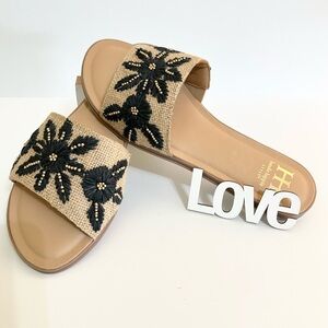 Haute Hippie Black Beaded Floral Slide Sandals on Natural
